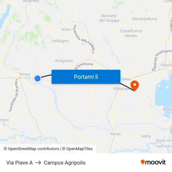 Via Piave A to Campus Agripolis map