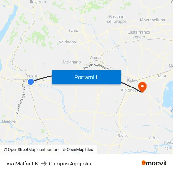 Via Malfer I B to Campus Agripolis map