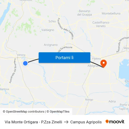 Via Monte Ortigara - P.Zza Zinelli to Campus Agripolis map