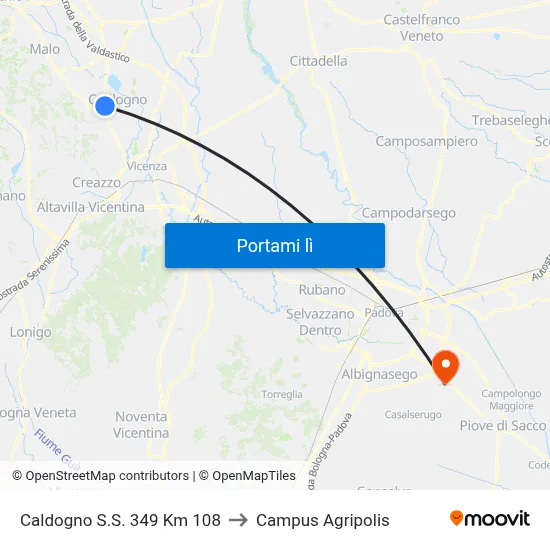 Caldogno S.S. 349 Km 108 to Campus Agripolis map