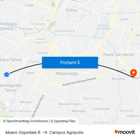 Abano Ospedale R to Campus Agripolis map