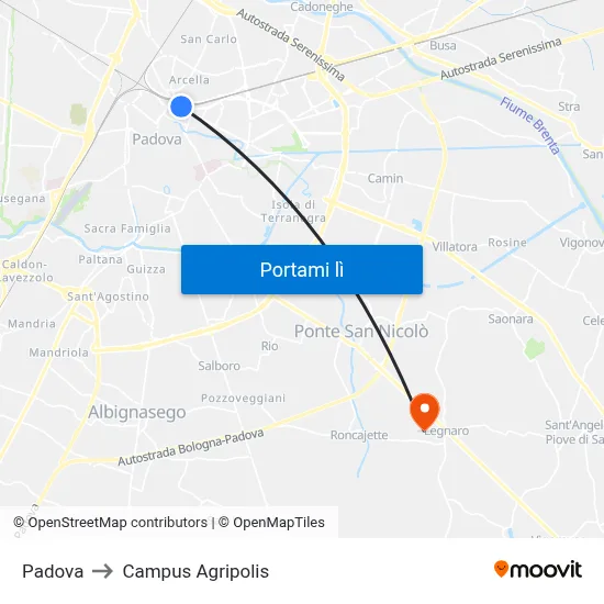 Padova to Campus Agripolis map
