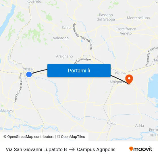 Via San Giovanni Lupatoto B to Campus Agripolis map