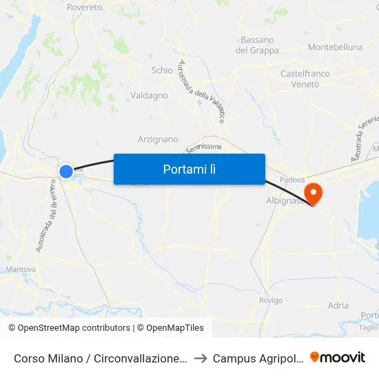 Corso Milano / Circonvallazione B to Campus Agripolis map