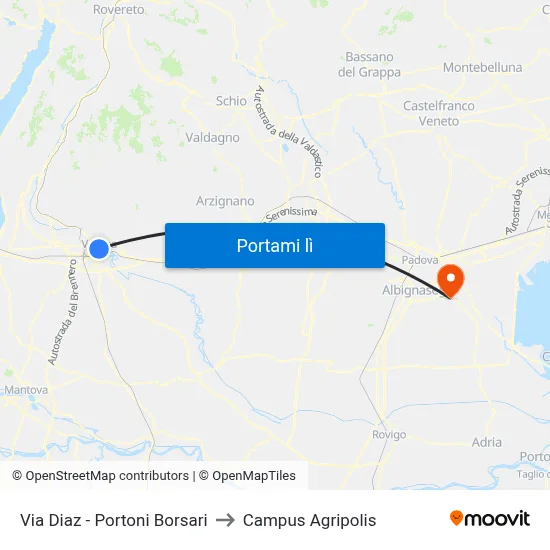 Via Diaz - Portoni Borsari to Campus Agripolis map