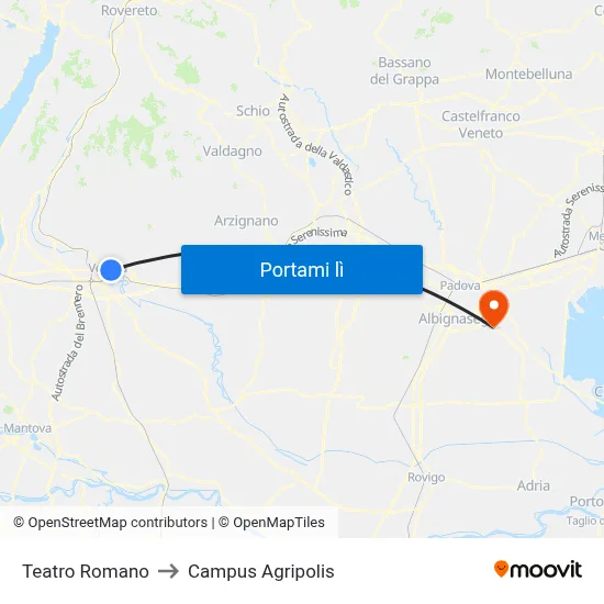 Teatro Romano to Campus Agripolis map