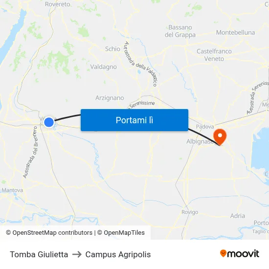 Tomba Giulietta to Campus Agripolis map