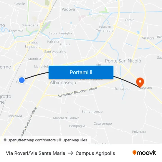 Via Roveri/Via Santa Maria to Campus Agripolis map