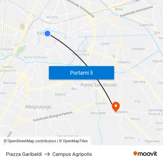 Piazza Garibaldi to Campus Agripolis map