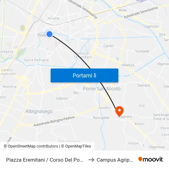 Piazza Eremitani / Corso Del Popolo to Campus Agripolis map