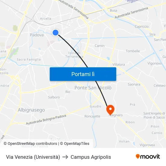 Via Venezia (Università) to Campus Agripolis map