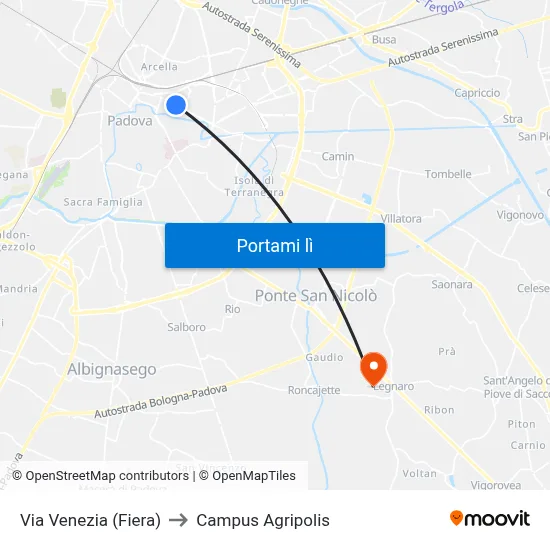 Via Venezia (Fiera) to Campus Agripolis map