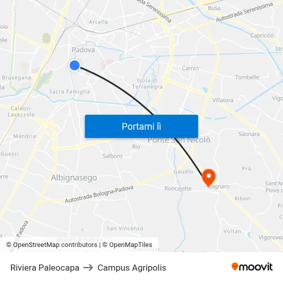 Riviera Paleocapa to Campus Agripolis map