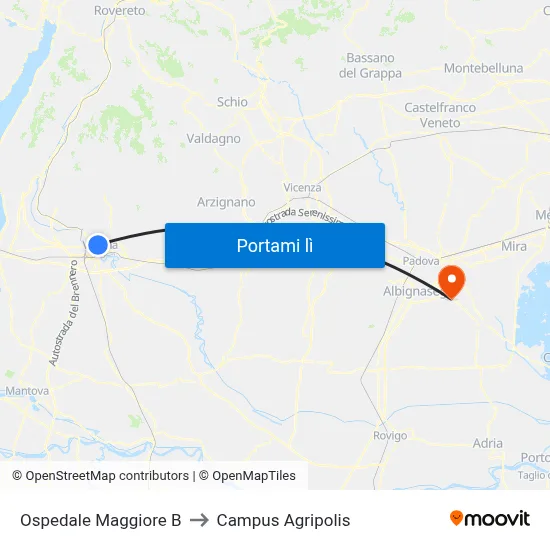 Ospedale Maggiore B to Campus Agripolis map