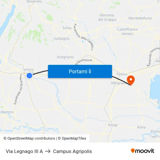 Via Legnago III A to Campus Agripolis map