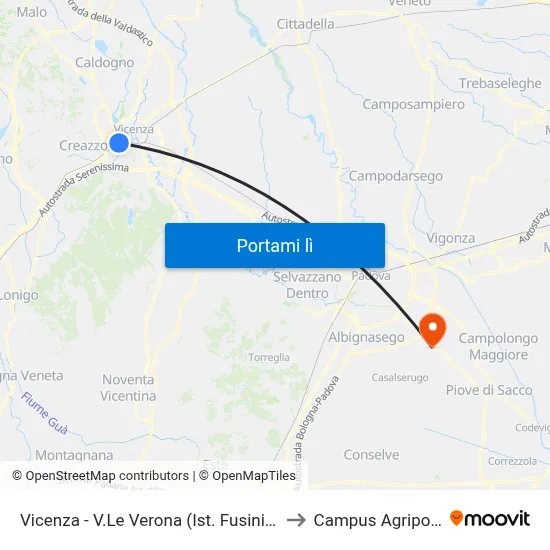 Vicenza - V.Le Verona (Ist. Fusinieri) to Campus Agripolis map