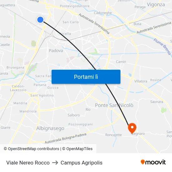 Viale Nereo Rocco to Campus Agripolis map
