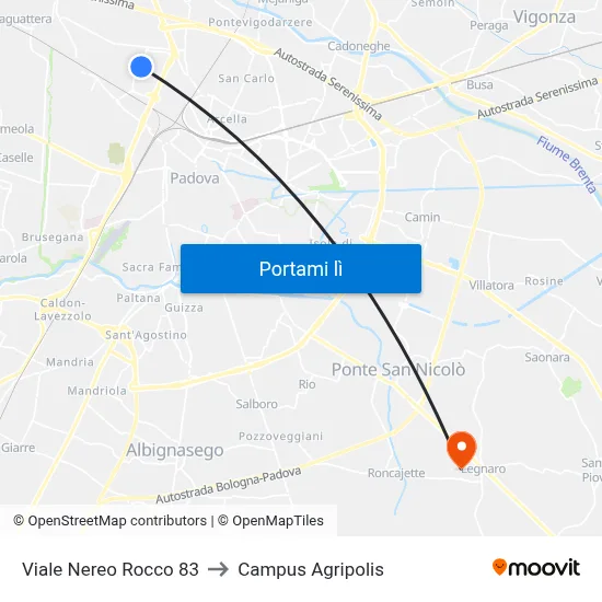 Viale Nereo Rocco 83 to Campus Agripolis map