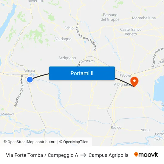 Via Forte Tomba / Campeggio A to Campus Agripolis map