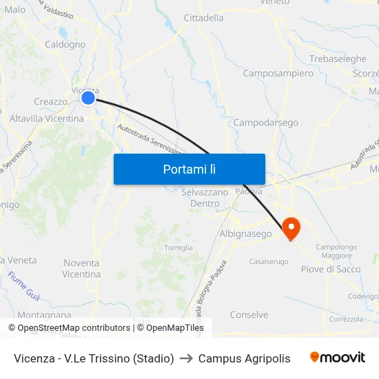 Vicenza - V.Le Trissino (Stadio) to Campus Agripolis map