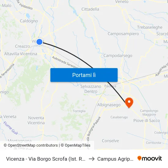 Vicenza - Via Borgo Scrofa (Ist. Rossi) to Campus Agripolis map