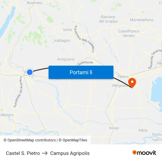 Castel S. Pietro to Campus Agripolis map