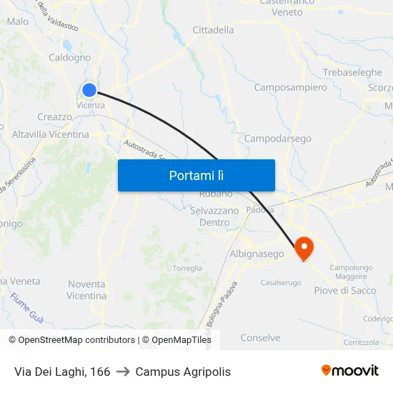 Via Dei Laghi, 166 to Campus Agripolis map
