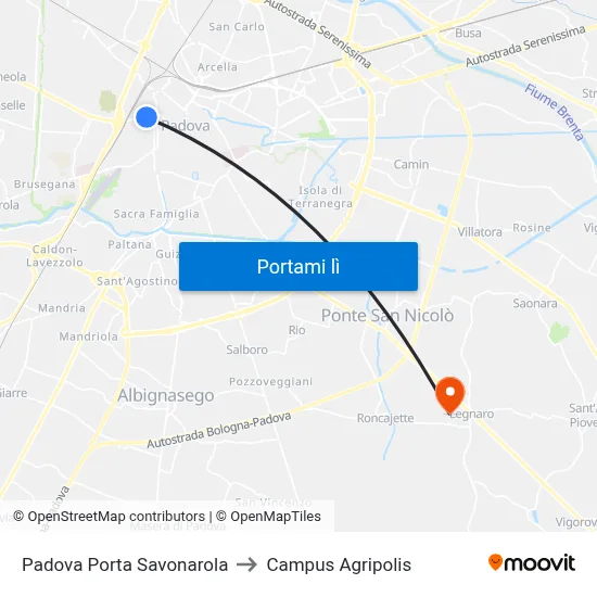 Padova Porta Savonarola to Campus Agripolis map