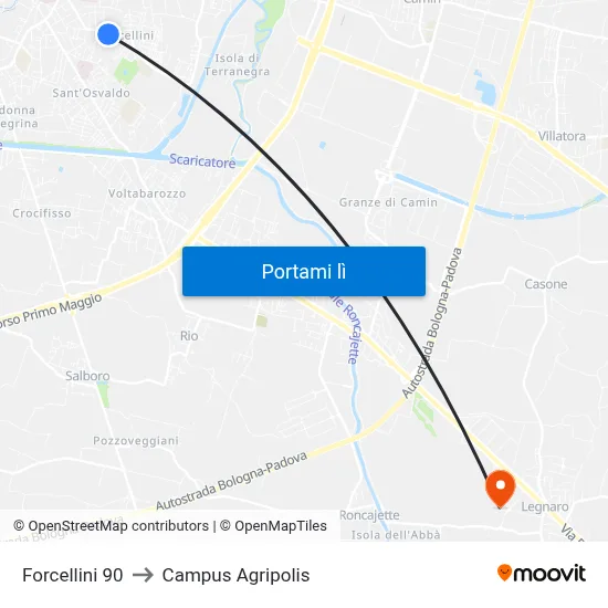 Forcellini 90 to Campus Agripolis map