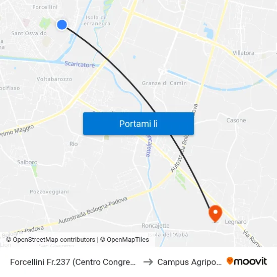Forcellini Fr.237 (Centro Congressi) to Campus Agripolis map