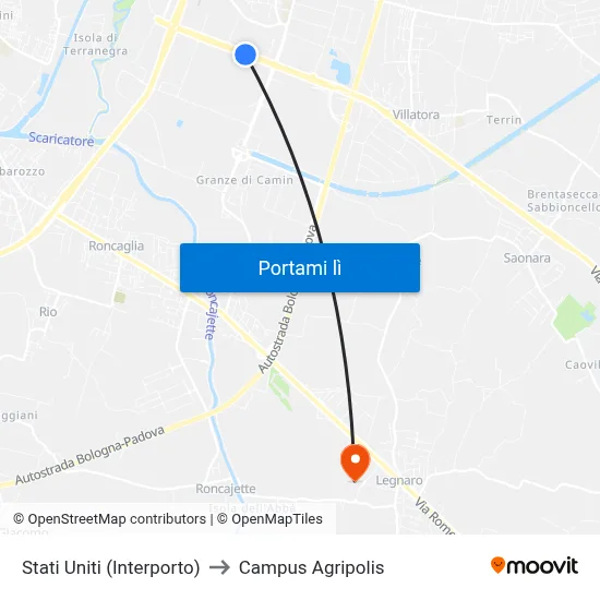 Stati Uniti (Interporto) to Campus Agripolis map