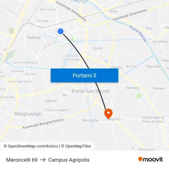 Maroncelli 69 to Campus Agripolis map