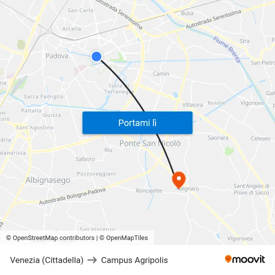 Venezia (Cittadella) to Campus Agripolis map