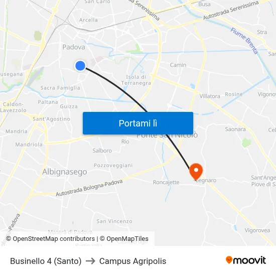 Businello 4 (Santo) to Campus Agripolis map