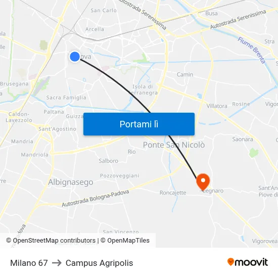 Milano 67 to Campus Agripolis map