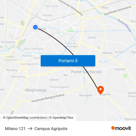 Milano 121 to Campus Agripolis map