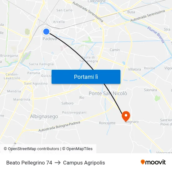 Beato Pellegrino 74 to Campus Agripolis map