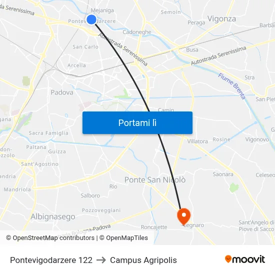 Pontevigodarzere 122 to Campus Agripolis map