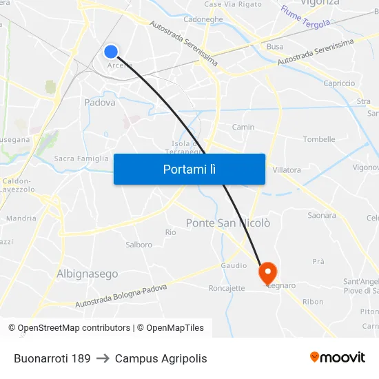 Buonarroti 189 to Campus Agripolis map