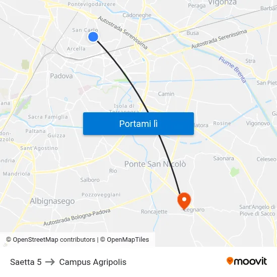 Saetta 5 to Campus Agripolis map