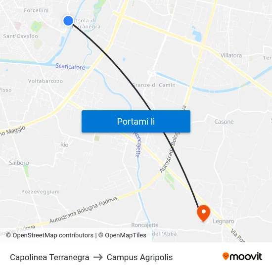Capolinea Terranegra to Campus Agripolis map
