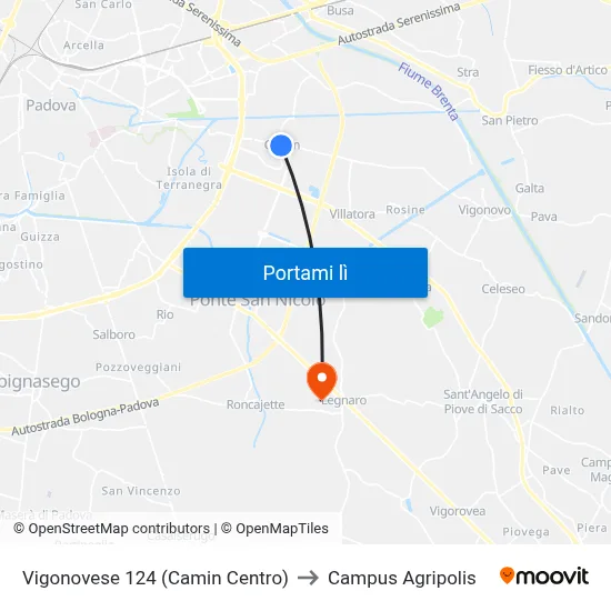 Vigonovese 124 (Camin Centro) to Campus Agripolis map
