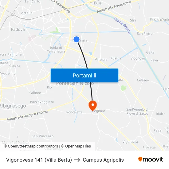 Vigonovese 141 (Villa Berta) to Campus Agripolis map
