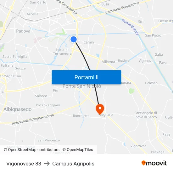 Vigonovese 83 to Campus Agripolis map
