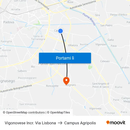 Vigonovese Incr. Via Lisbona to Campus Agripolis map