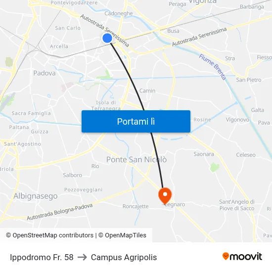 Ippodromo Fr. 58 to Campus Agripolis map
