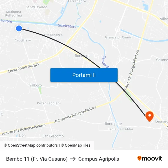 Bembo 11 (Fr. Via Cusano) to Campus Agripolis map