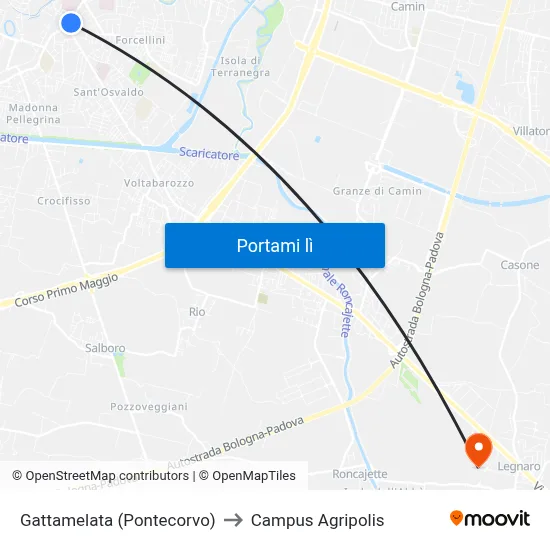 Gattamelata (Pontecorvo) to Campus Agripolis map