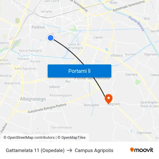 Gattamelata 11 (Ospedale) to Campus Agripolis map