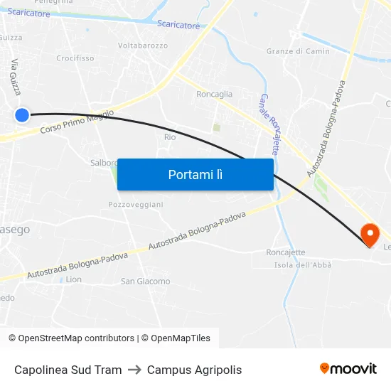 Capolinea Sud Tram to Campus Agripolis map